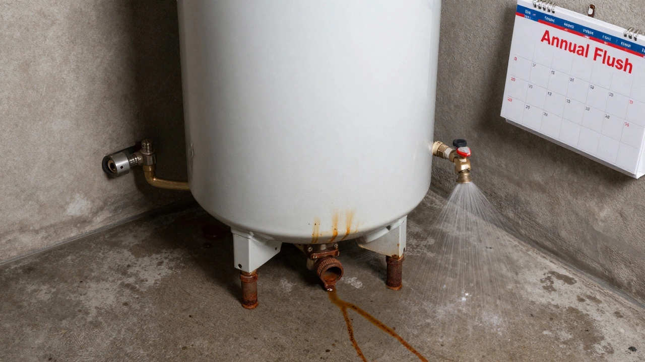 A leaking water heater with rust stains and a spurting pressure valve on a wet floor.
