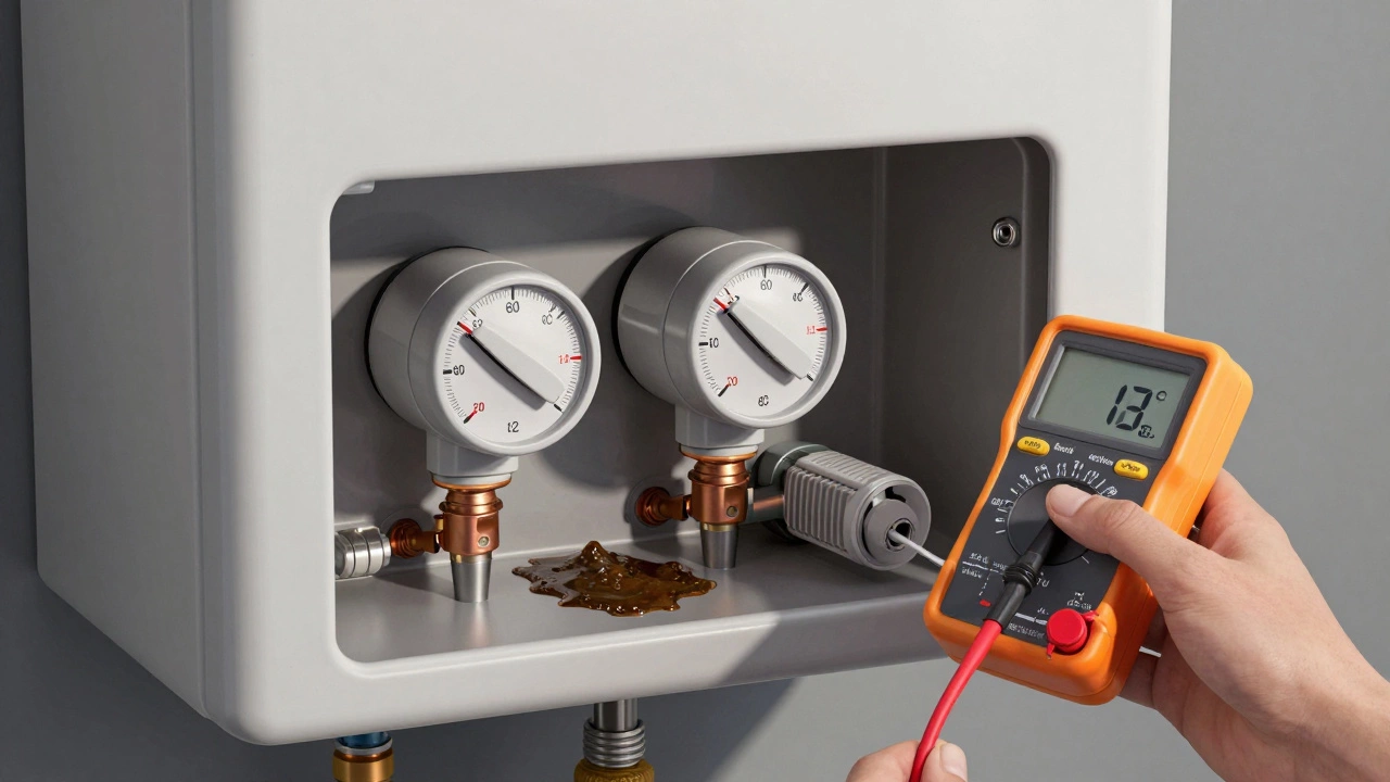 A multimeter testing a water heater element with thermostats set to 60°C and sediment visible below.