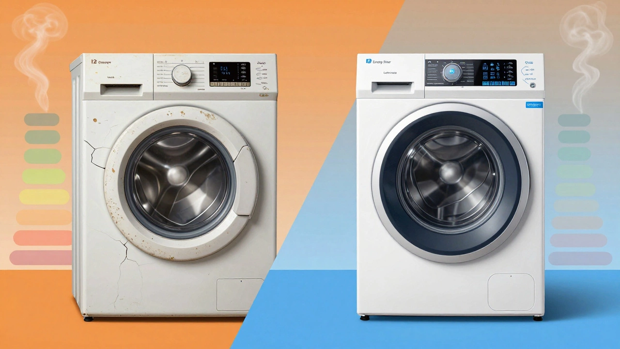 A split-image comparison of an aging washing machine versus a modern energy-efficient model.