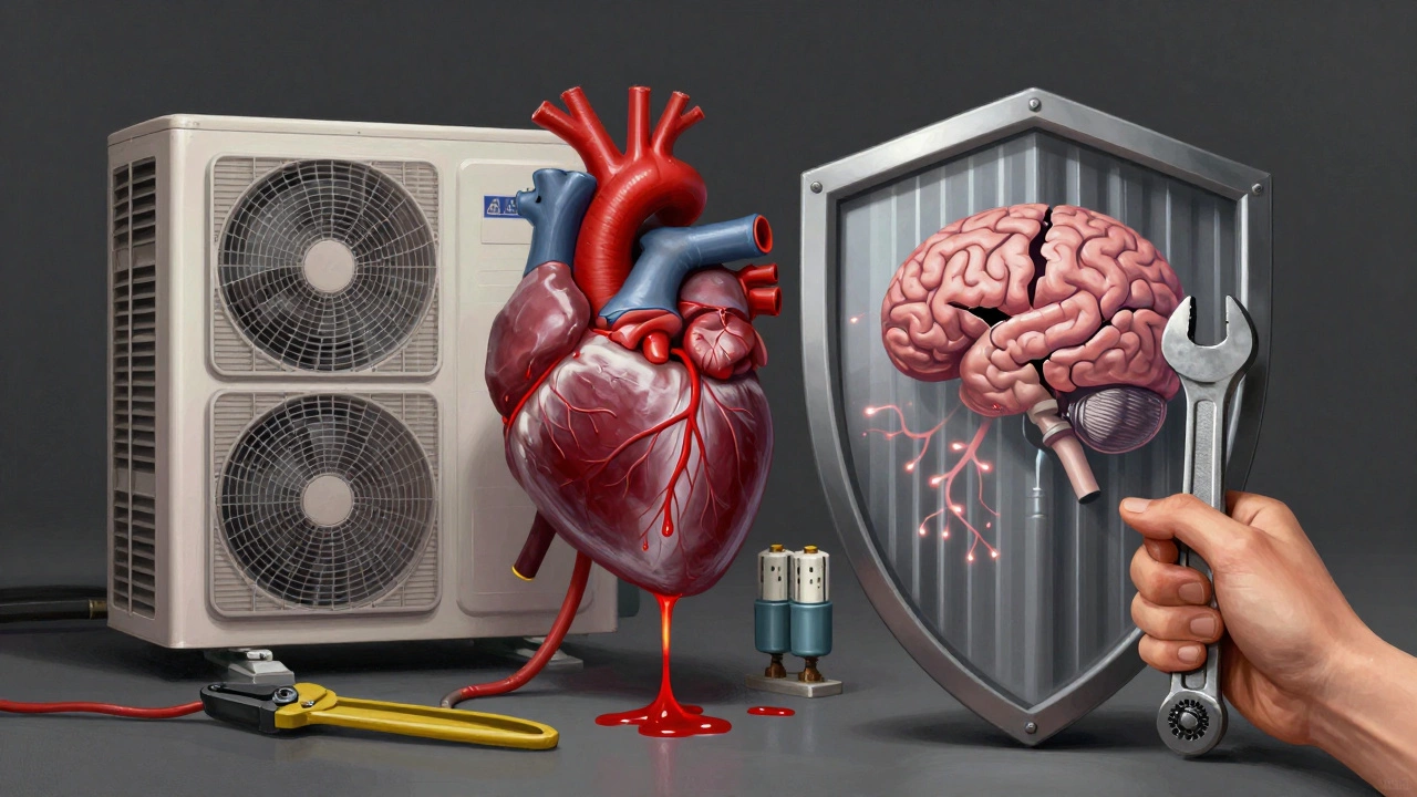 A symbolic representation of a heat pump as a failing human body, with repair tools offering protection.
