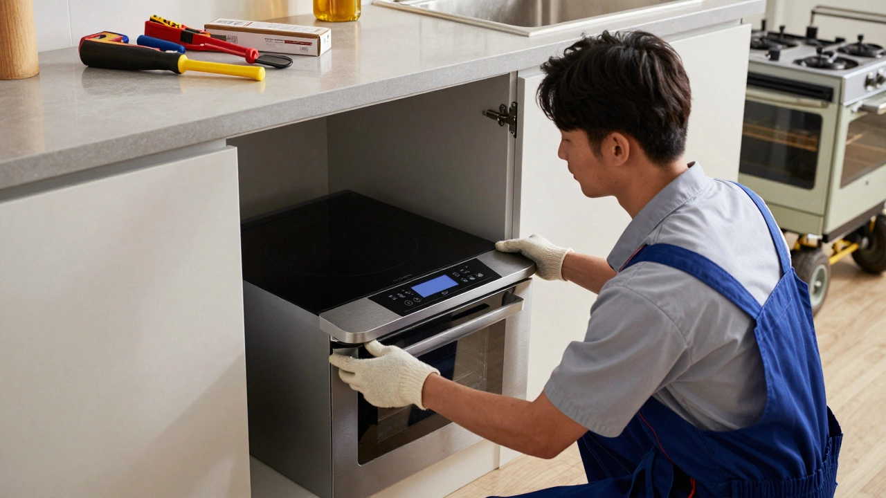 A technician installing a modern induction cooker into kitchen cabinetry, with the old unit being removed in the background.
