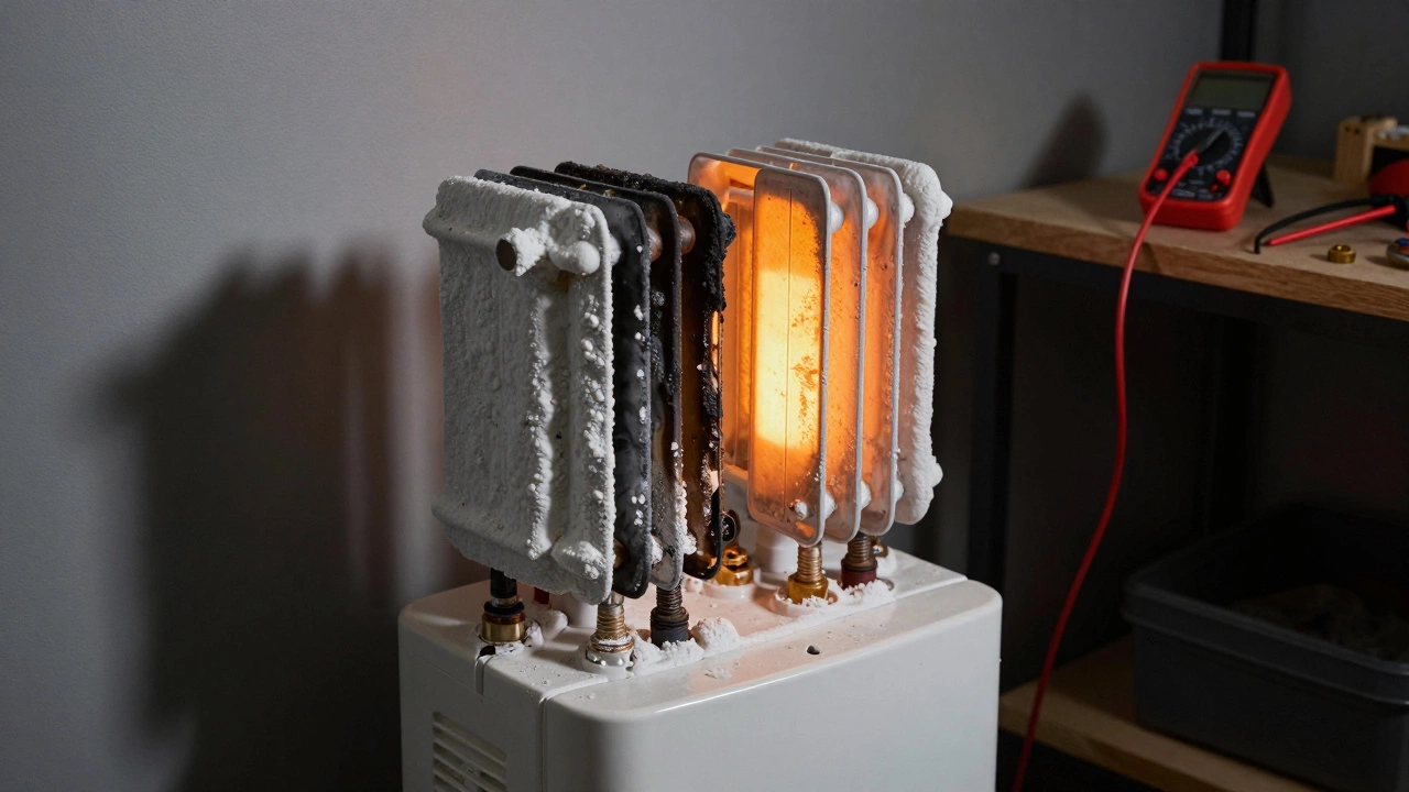Burnt and scaled heating elements inside an electric water heater, with tools nearby for repair.