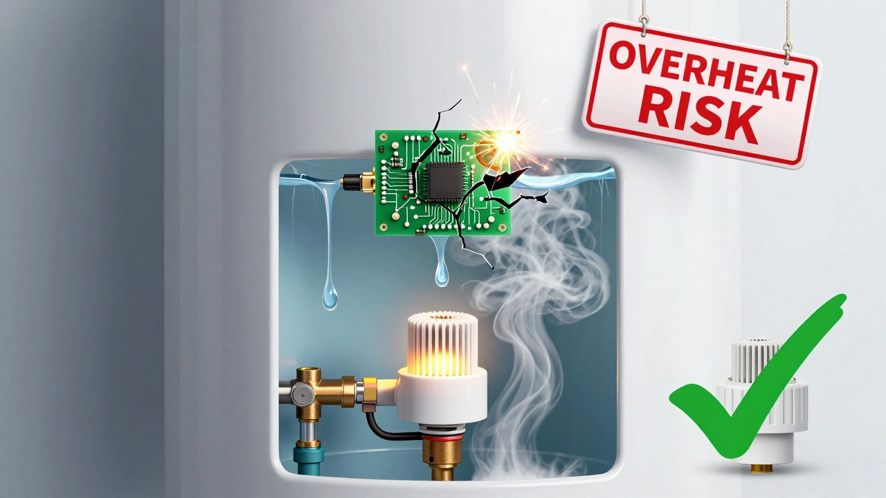 Cross-section of water heater showing broken upper thermostat with sparks and functioning lower thermostat.