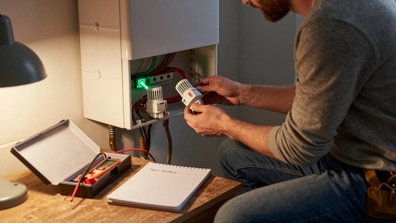 Homeowner taking a photo of water heater wiring before replacing a thermostat, with tools and replacement kit nearby.