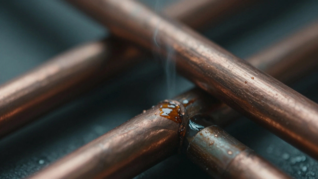 Oily residue on refrigerant pipes indicating leak.