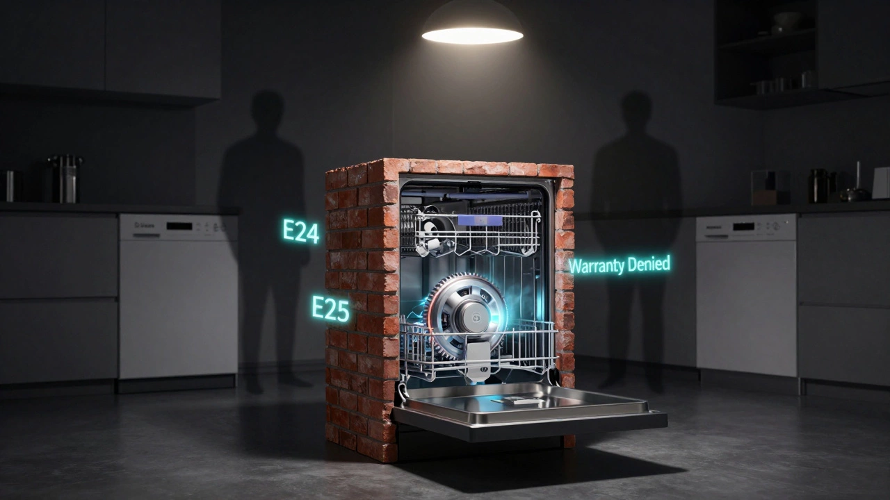 Sealed LG dishwasher resembling a brick, with glowing motor core and floating error codes in a dark kitchen.