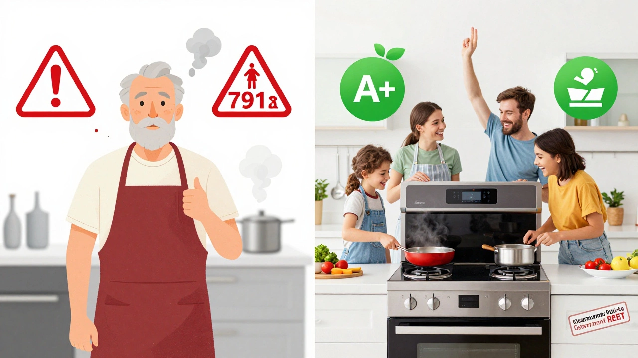 Split image comparing an aging, unsafe cooker to a new energy-efficient model with savings icons and rebate stamp.