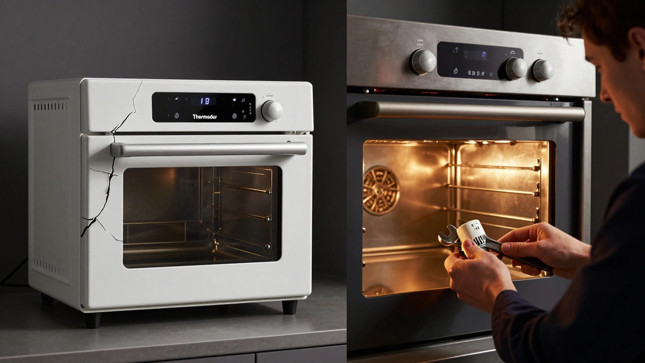 Split image contrasting a failing modern oven with a well-maintained vintage oven being repaired.