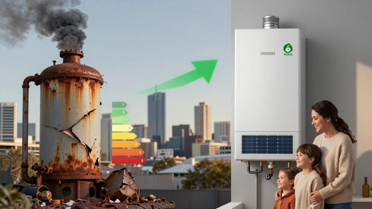 Split-screen concept: old broken boiler with rising bills vs. new efficient boiler with solar panels and a happy family.