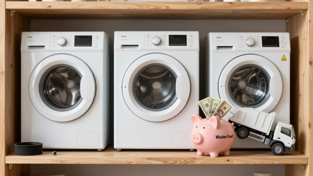 Three washing machines at different life stages on a shelf, with a savings piggy bank in front.