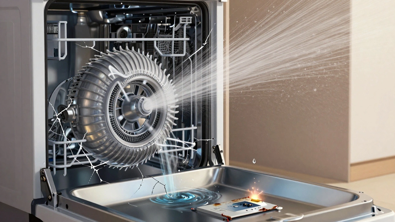 Whirlpool dishwasher spray arm wobbling as water leaks toward a cracked motor housing and sparking control panel.