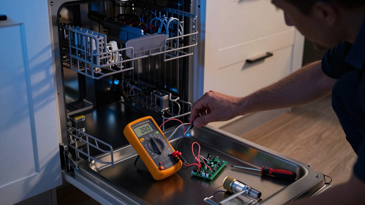 A DIYer using a multimeter to test dishwasher wiring inside an open panel.