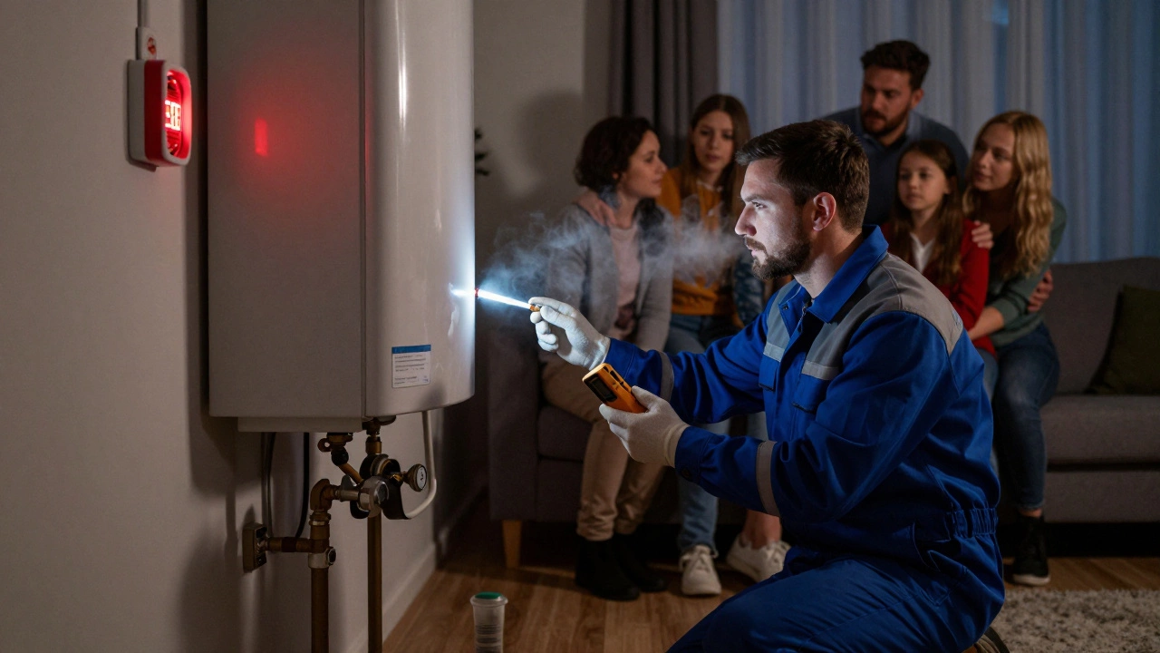 A family in a dark room as a gas fitter responds to a carbon monoxide alarm near a faulty boiler.