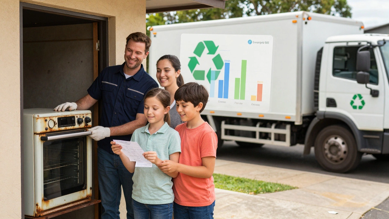 A family smiling as a technician removes their old oven, with a recycling truck in the background.