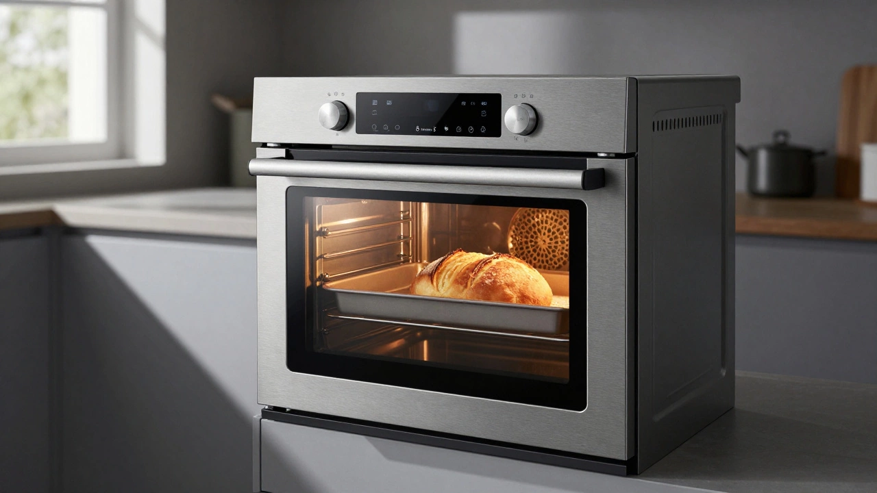 A modern oven baking a perfect loaf of bread, with even interior light and clean stainless steel design.