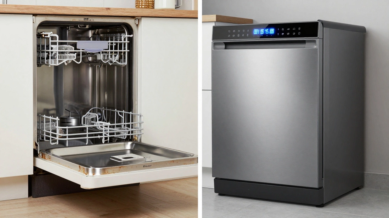 An old leaking dishwasher next to a modern, quiet model in a kitchen.