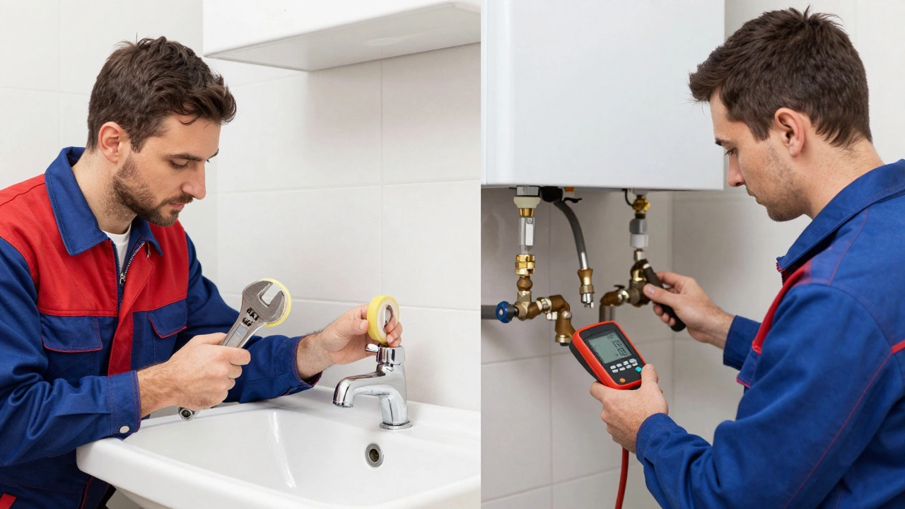 Comparison of a standard plumber fixing a sink versus a gas fitter servicing a boiler.