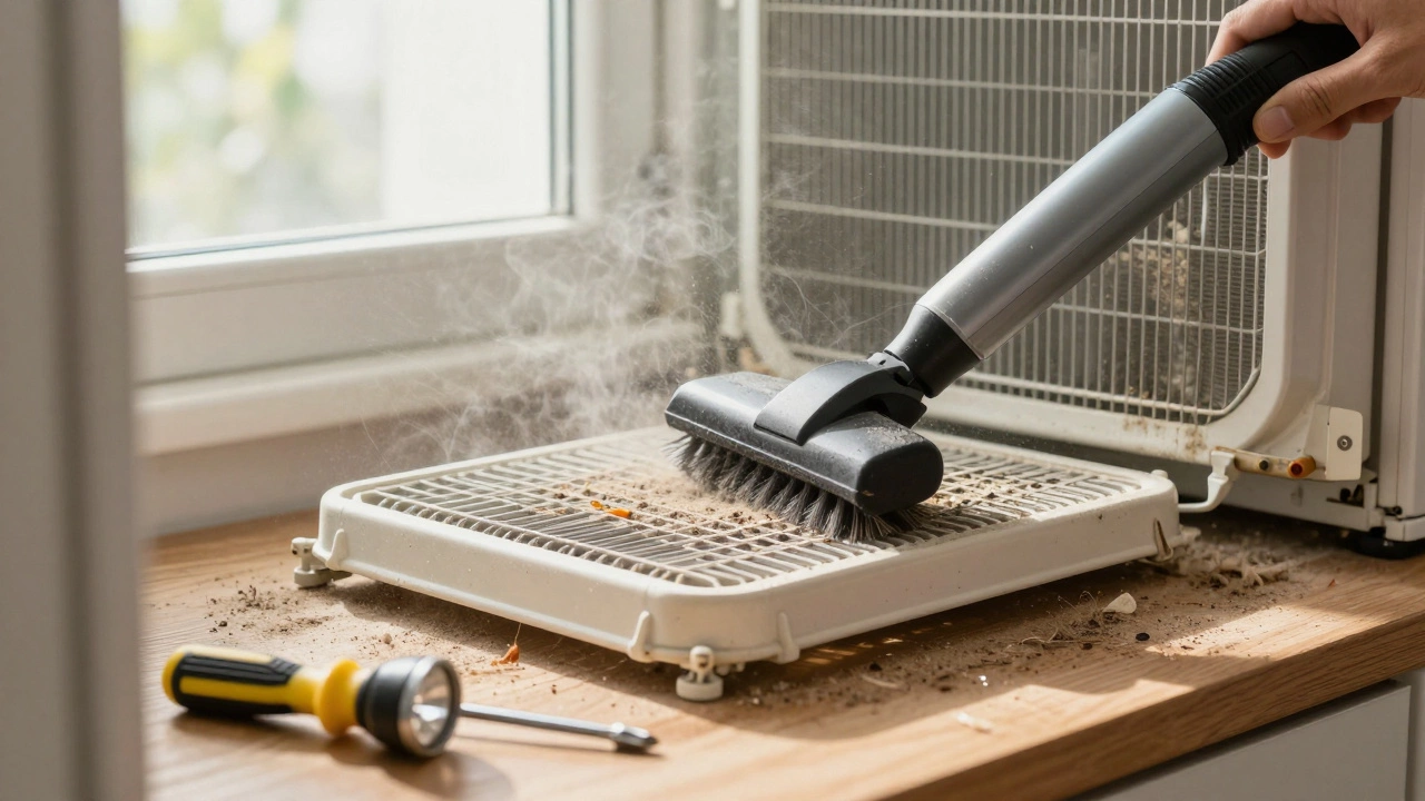 Dusty condenser coils being cleaned with a vacuum brush.