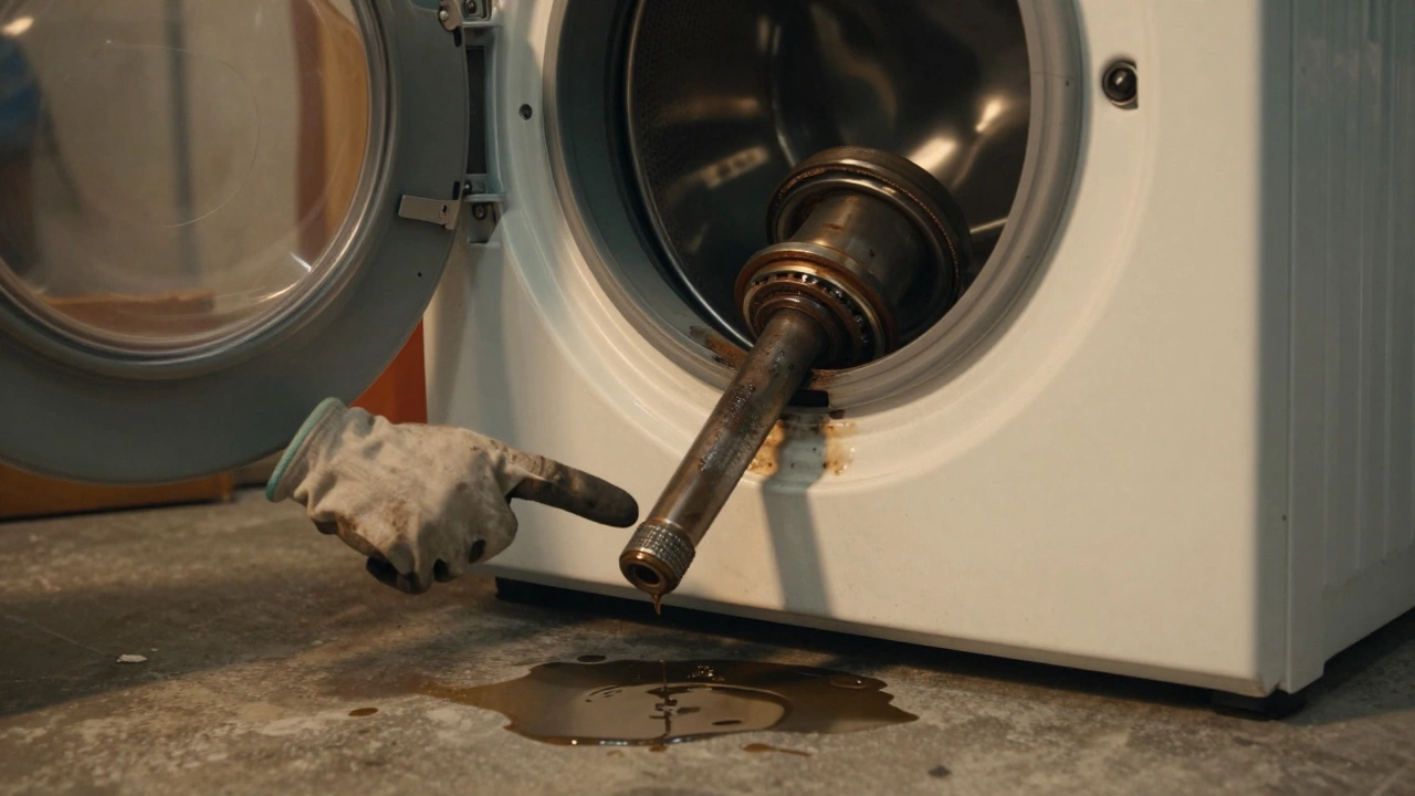 Exposed washing machine tub bearing shaft with rust and oil leak