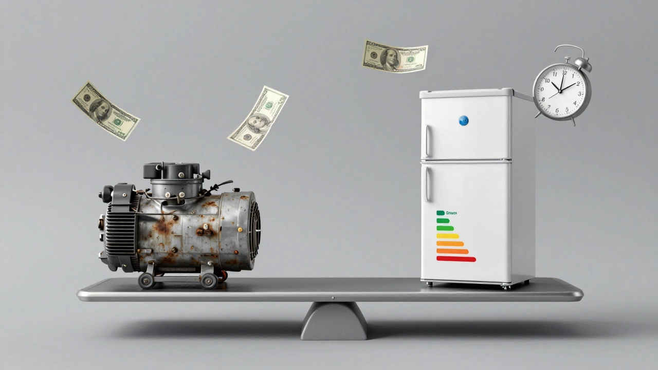 Financial scale balancing old compressor against new freezer with energy and time symbols.