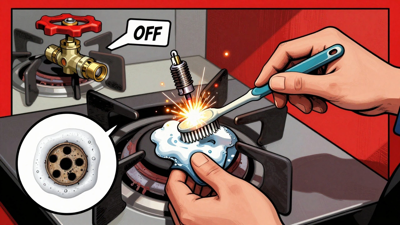 Person cleaning a gas burner with a toothbrush while igniter sparks fail to ignite.