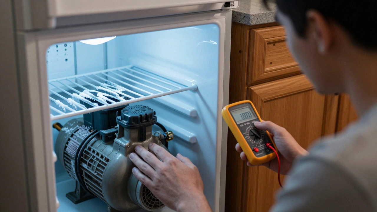 Person testing a silent fridge with a multimeter, frost visible inside freezer.
