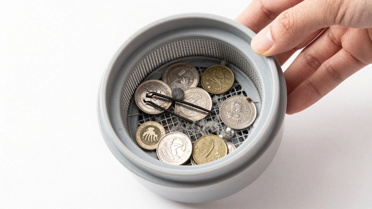 Removed drain pump filter mesh basket with coins and lint debris