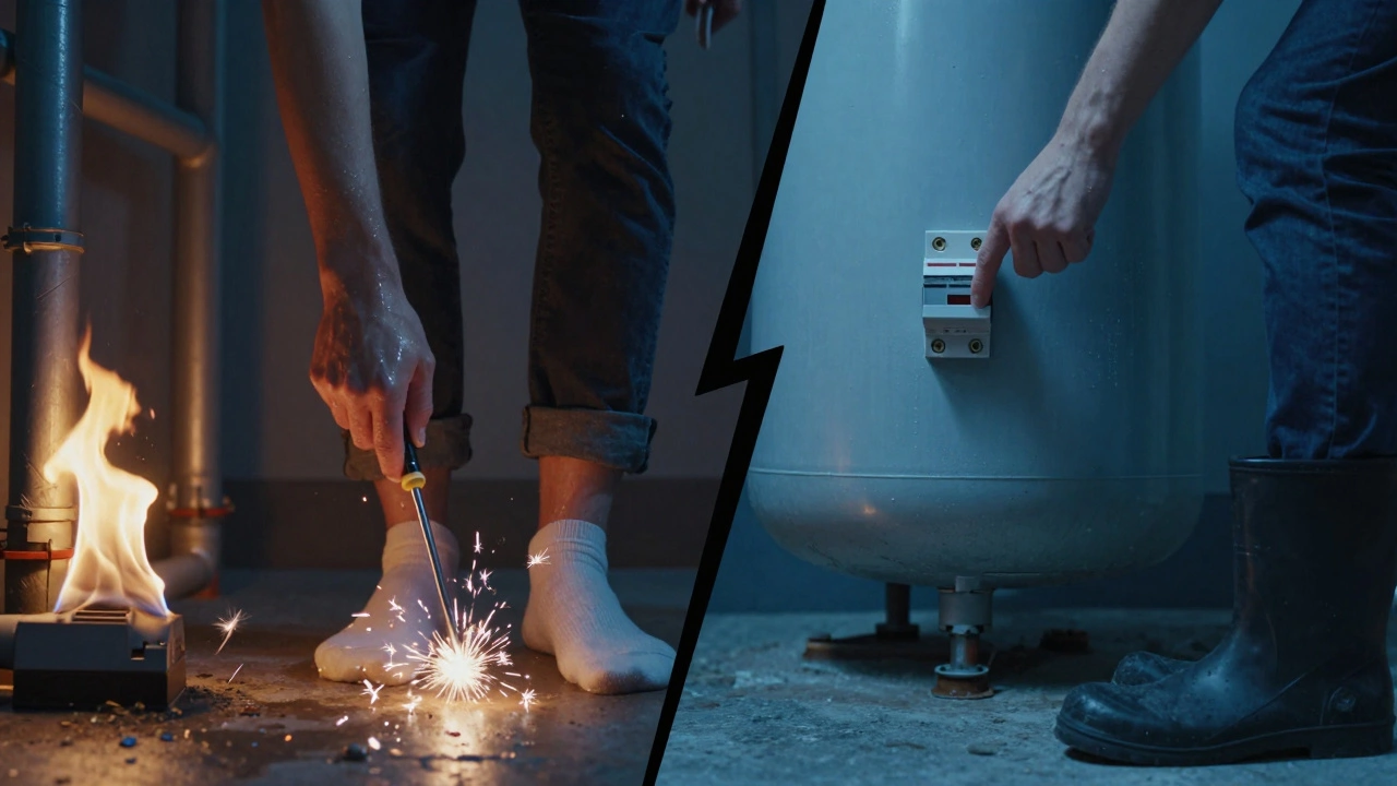 Split image contrasting dangerous vs safe water heater reset practices.