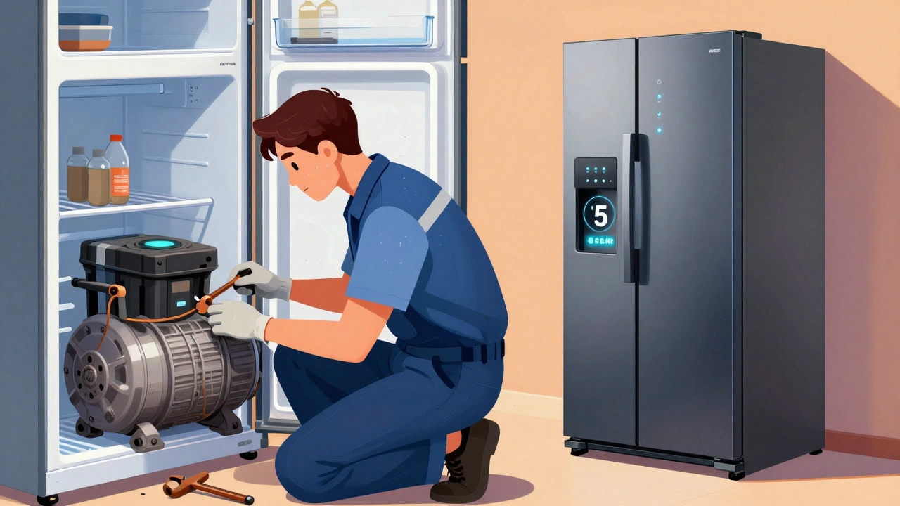 Split-screen: old freezer repair vs. modern energy-efficient freezer with warranty badge.