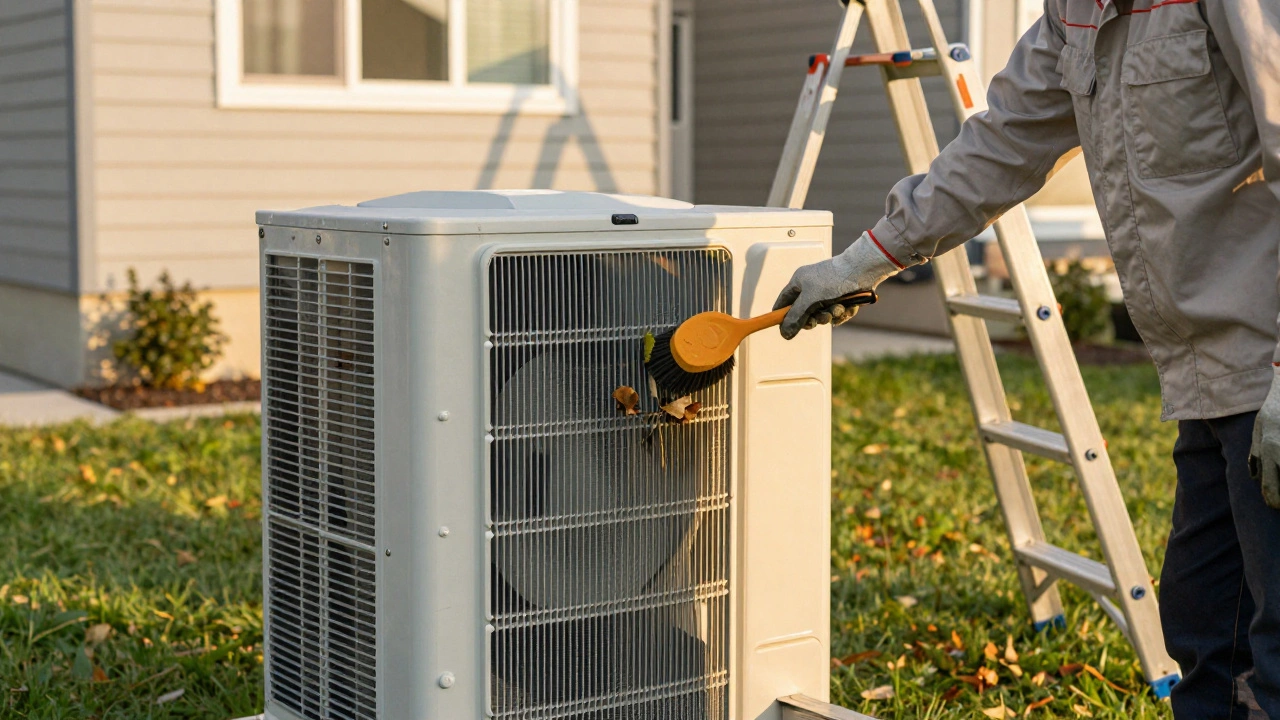 Technician cleaning heat pump condenser with a brush.