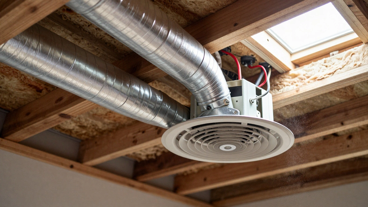 Technician routing silver ducting and connecting wires inside roof cavity