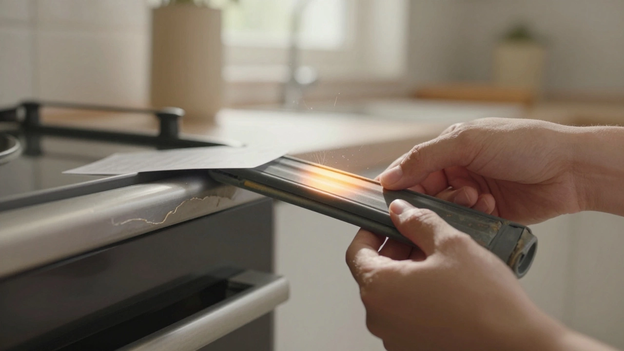 Worn oven door seal being replaced with a new one, paper caught in the gap.