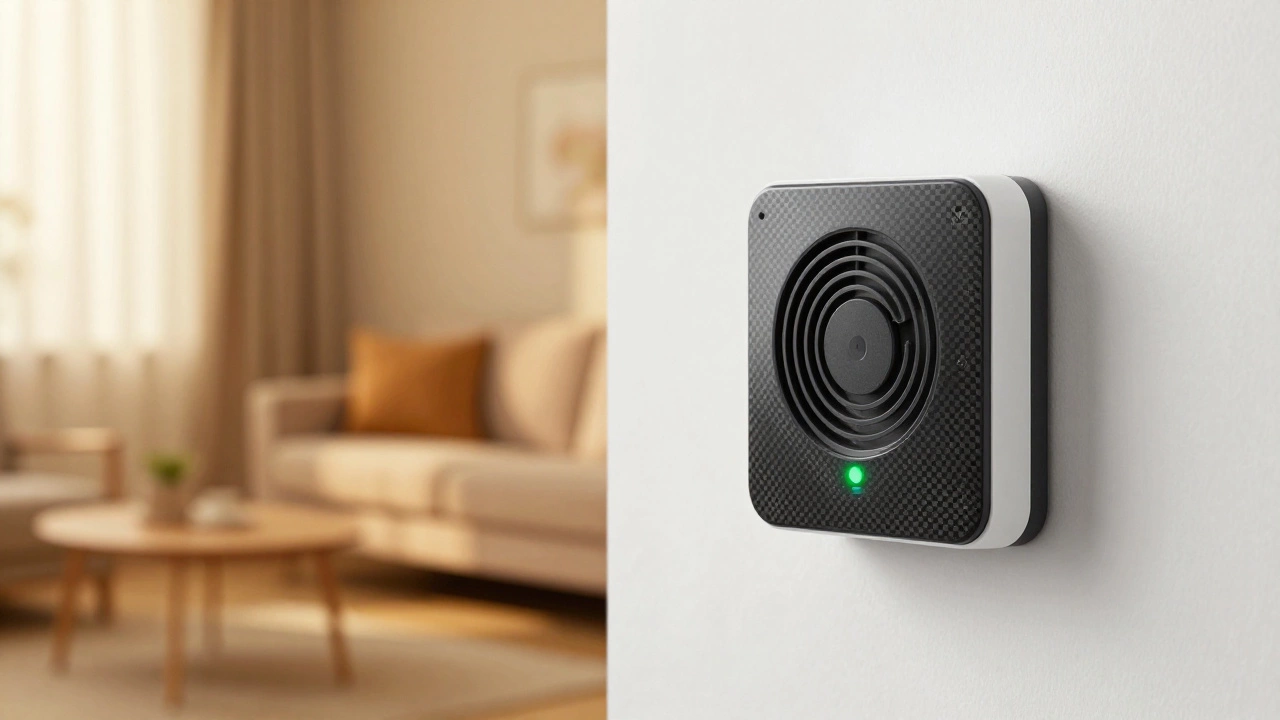 A carbon monoxide detector installed on a wall in a cozy home environment.