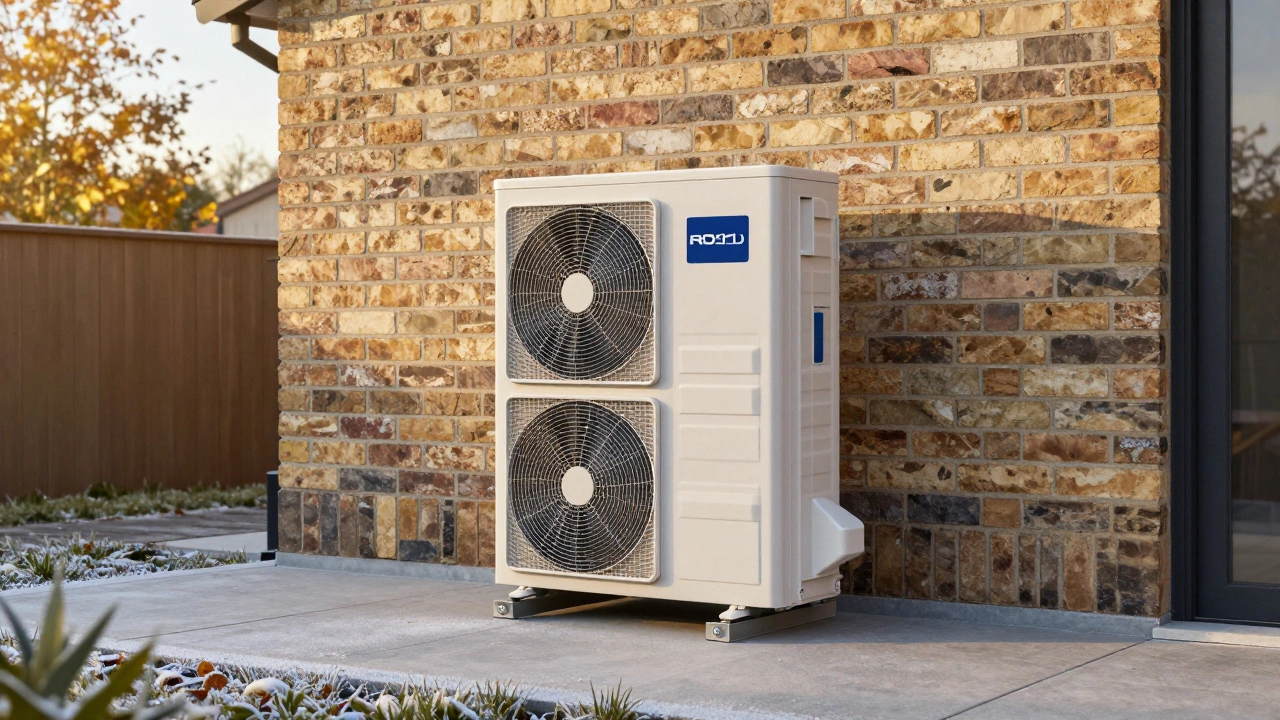 A new, high-efficiency heat pump unit installed on the exterior wall of a modern house.