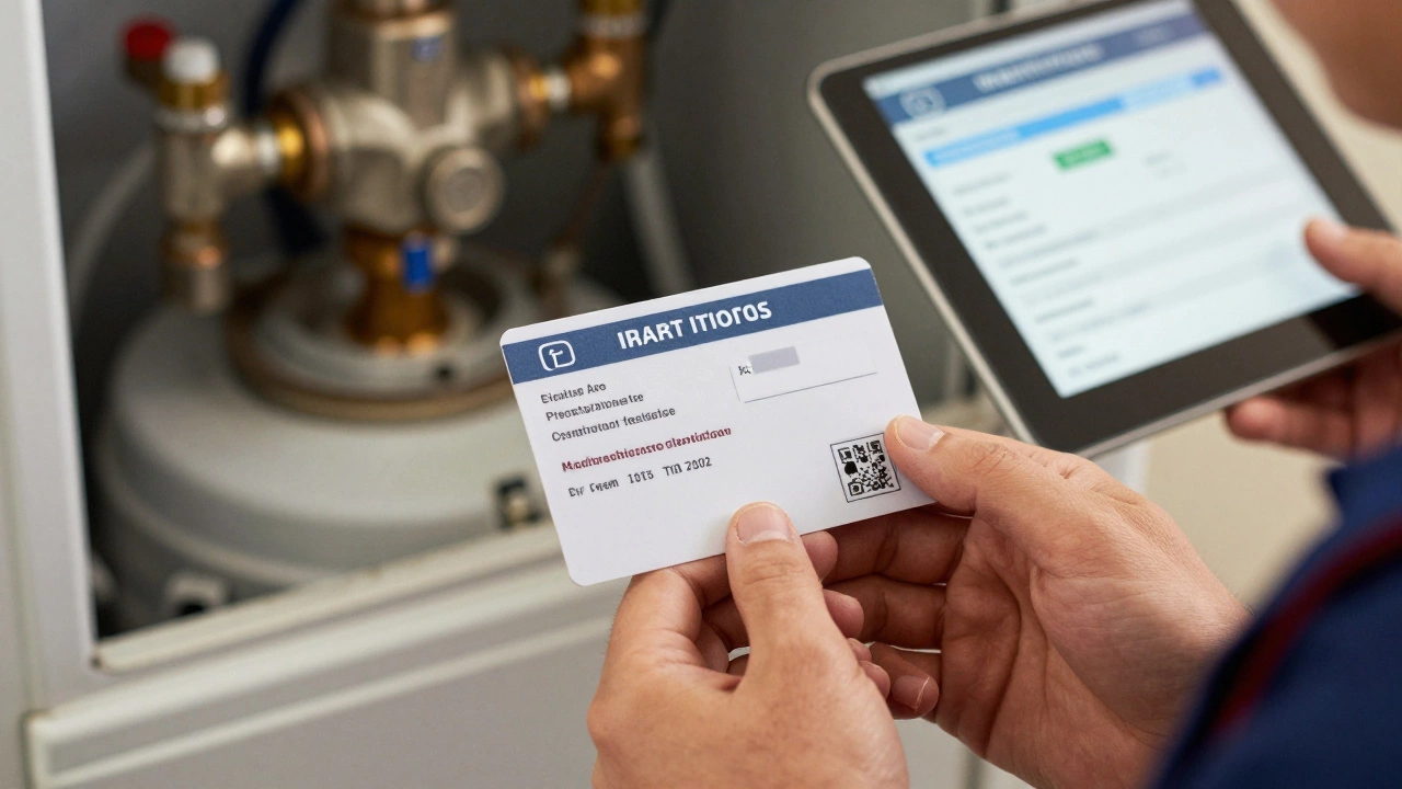 A professional gas engineer presenting a certification card next to a boiler.