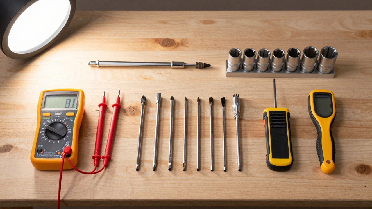 A set of professional tools including a multimeter and screwdrivers on a workbench