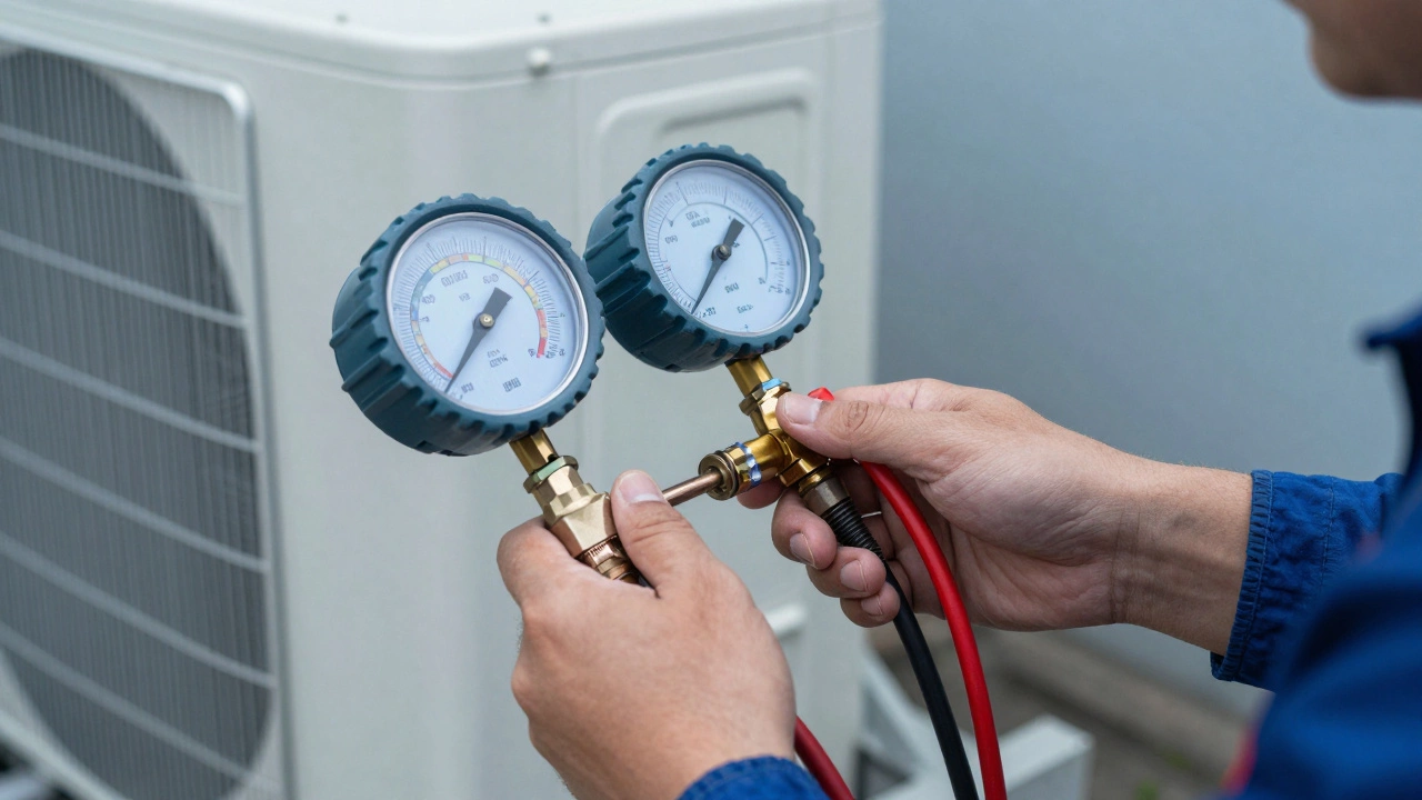 A technician using professional gauges to check refrigerant levels in an outdoor heat pump.