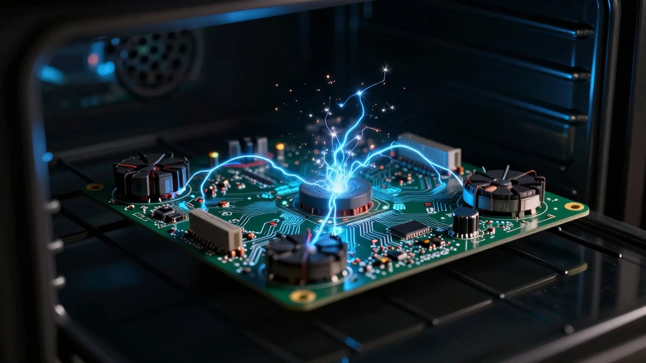 Close-up of a complex glowing oven control board with electrical sparks