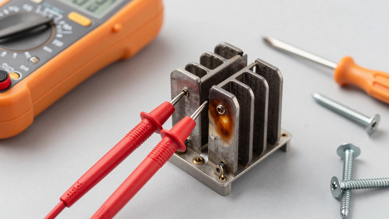 Close-up of a multimeter testing a scorched and blistered oven heating element