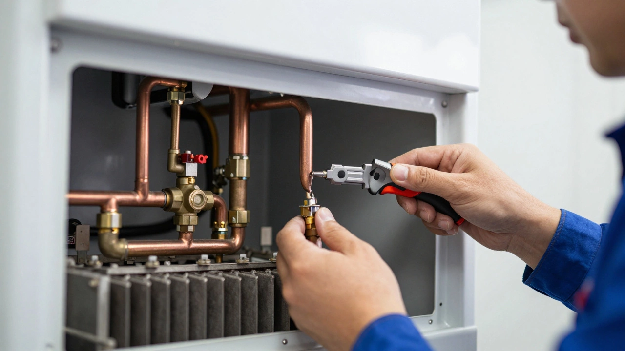 Close-up of an engineer repairing internal copper pipes and a leak inside a boiler