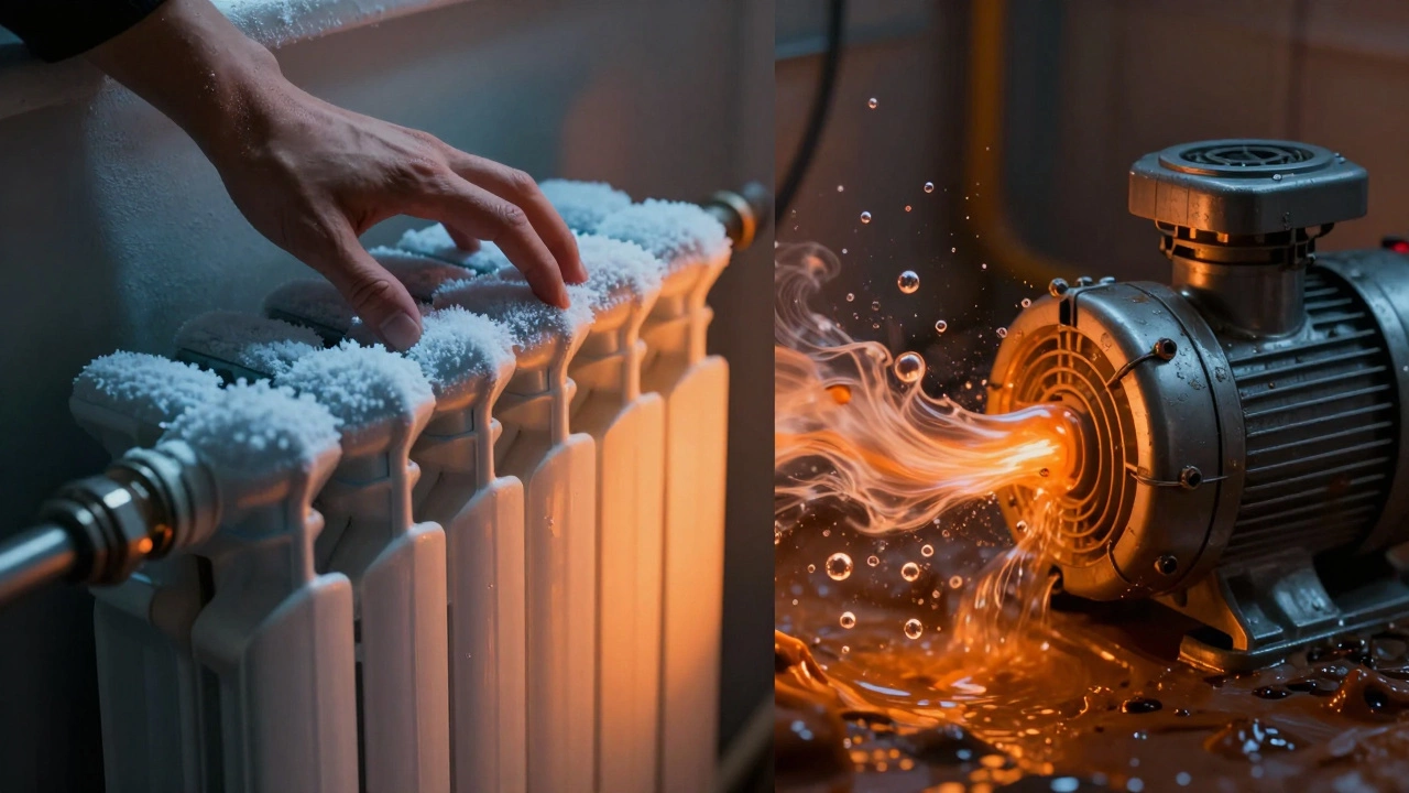 Conceptual image showing a radiator with cold spots and air bubbles blocking hot water flow