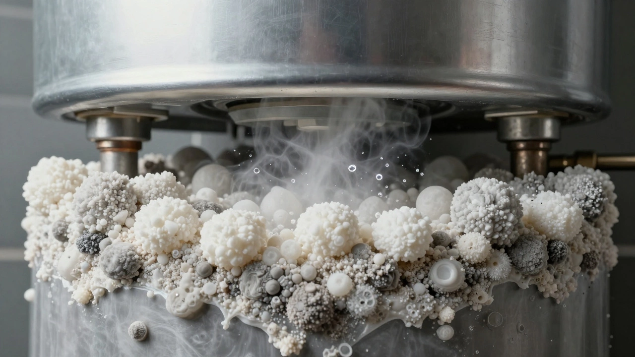 Cross-section of a water heater tank showing mineral sediment and steam bubbles