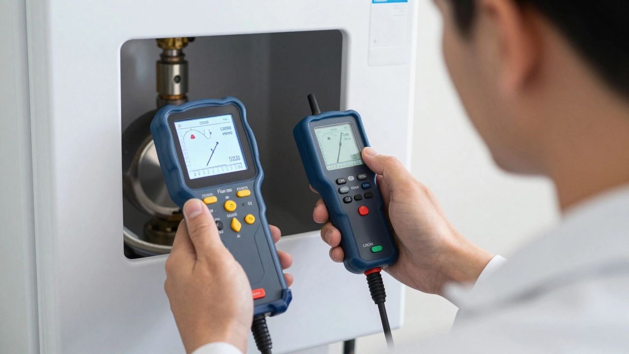 Engineer using a digital flue gas analyzer to test a boiler for safety.