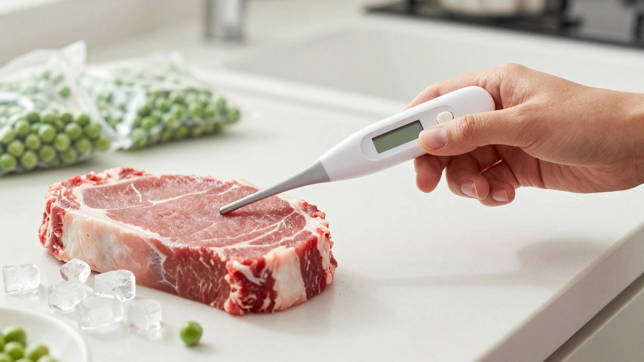 Hand using a digital probe thermometer to check the temperature of raw meat