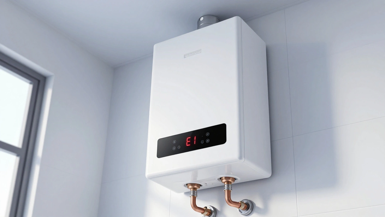 Modern tankless water heater on a wall showing an E1 error code on the display