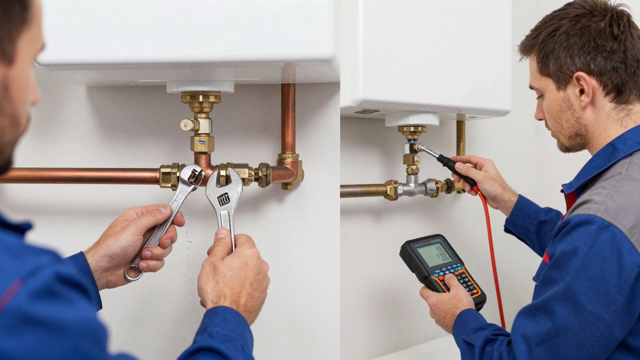 Split view of a plumber fixing a pipe and a gas engineer using a gas analyzer.