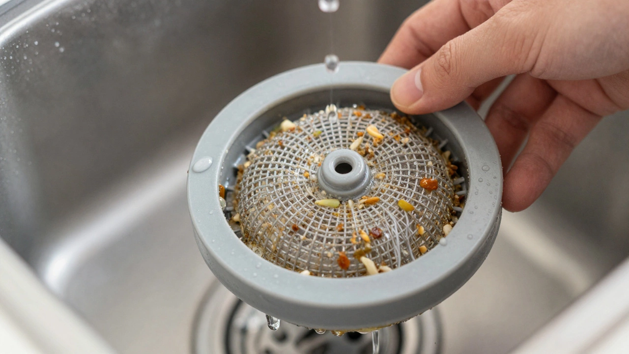 A dirty dishwasher filter being removed from the tub during maintenance.