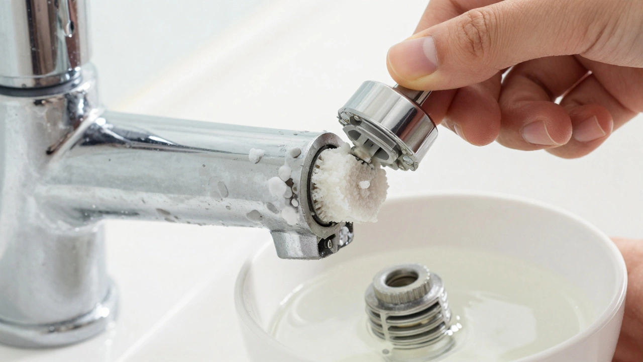 Close up of limescale clogged shower head being cleaned