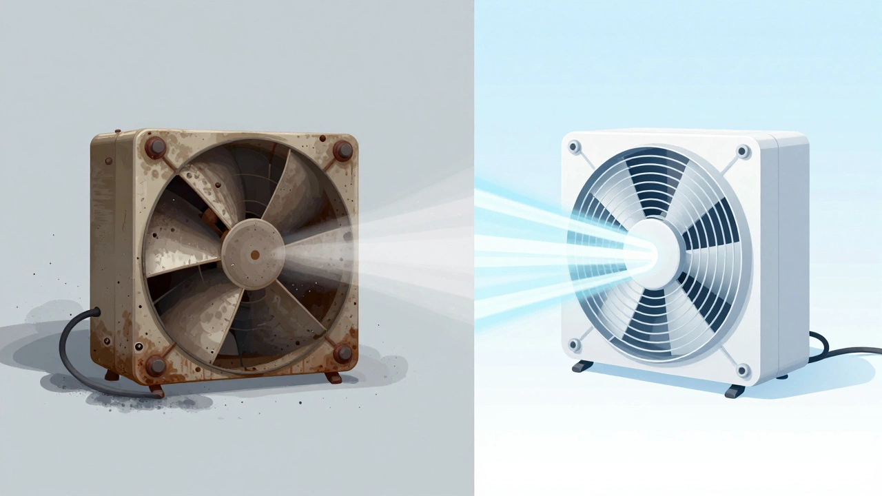 Comparison of a dirty old fan with grease versus a new efficient fan.