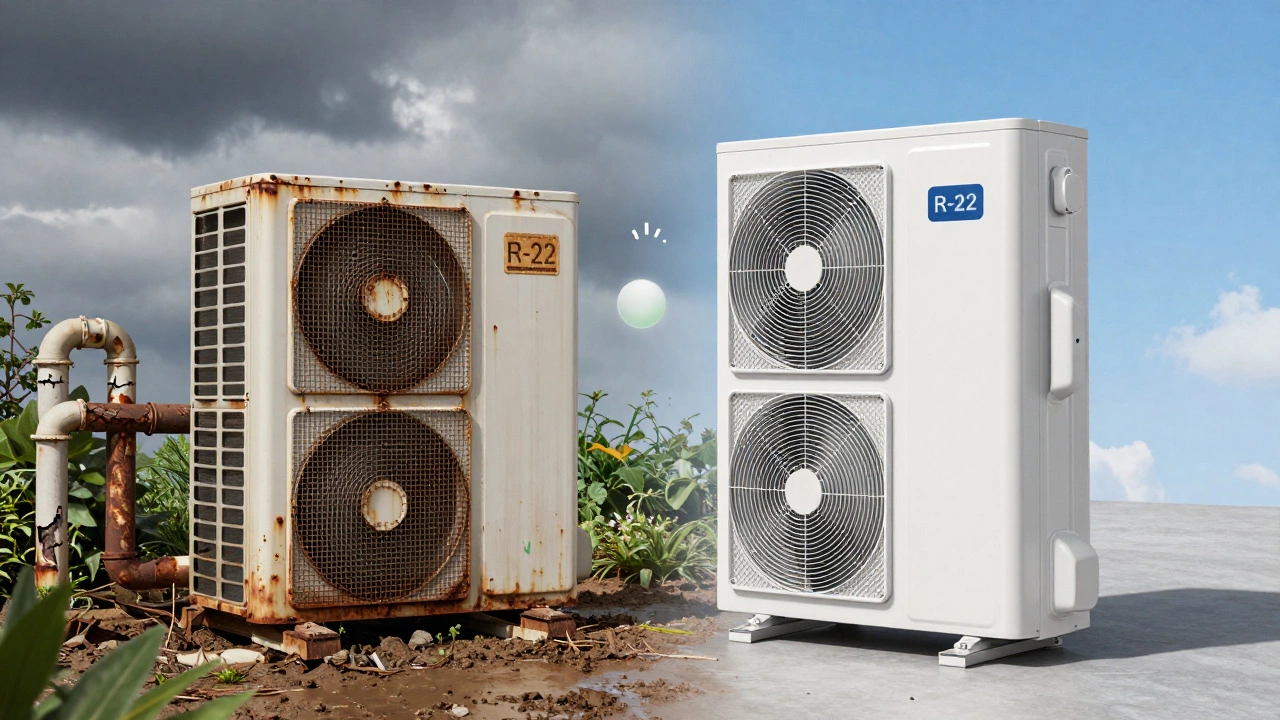 Comparison of old rusty heat pump vs new efficient model outdoors